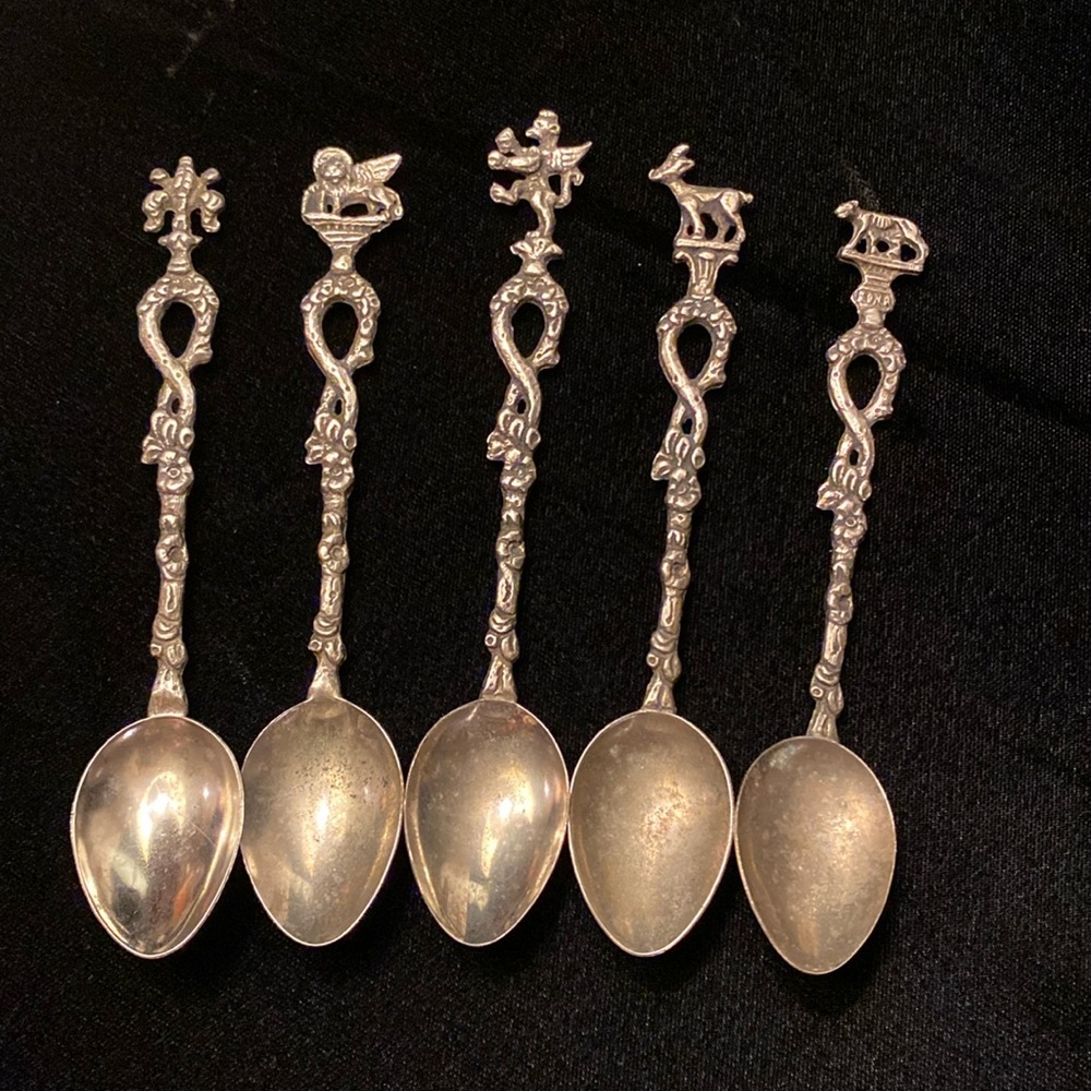 5 Antique Silver Spoons Stamped Italy Fleur di lis Griffin Rome